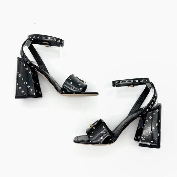 LOUIS VUITTON Shake Black LV Turnlock Block Heel Sandal Size 37.5 Printed Patent - Picture 7 of 12